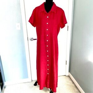 Vintage 100% linen red button down maxi shirt dress size XL made in USA Modest